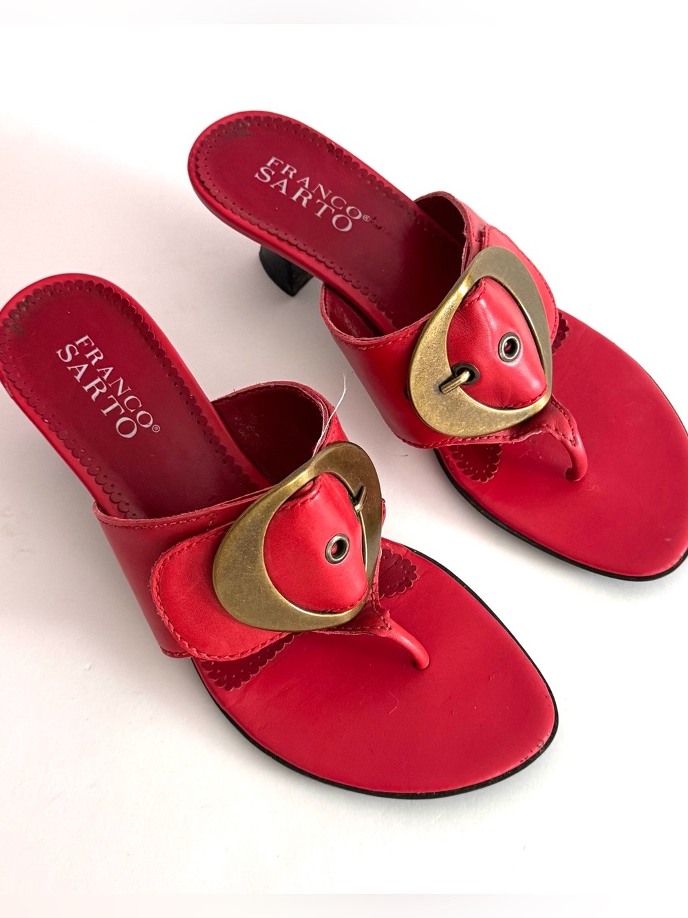 Franco Sarto Red Leather Thong Mules with Brass-Tone Heart Buckle